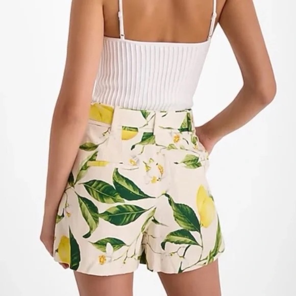 New! Express High Waisted Belted Lemon Print Shorts 45773 - Picture 3 of 14